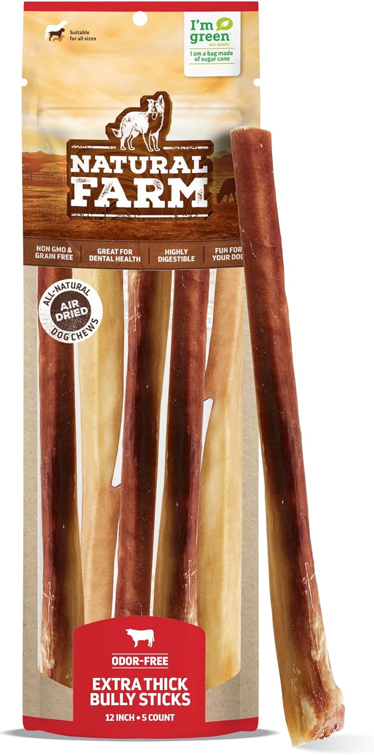 Natural Farm Odor Free Jumbo Bully Sticks (12 Inch, 5 Pack), Extra-Thick Chews for Dogs, Fully Digestible 100% Beef Treats, Supports Dental Health, Keep Your Dog Busy with 50% Longer Lasting Chews…