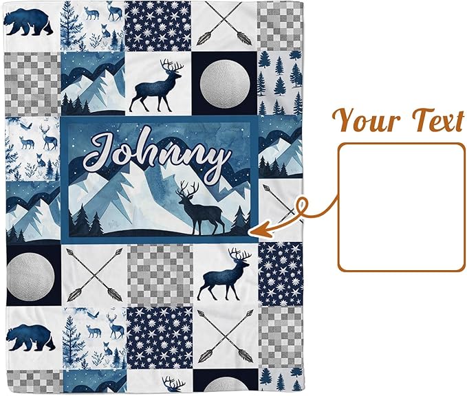 Personalized Baby Blankets for Girls Boys, Custom Blue Deer Baby Blanket with Name for Kids, Flannel Bed Throw Blanket for Newborn, Customized Gifts for Baby Shower Nursery Blanket(30”x40)