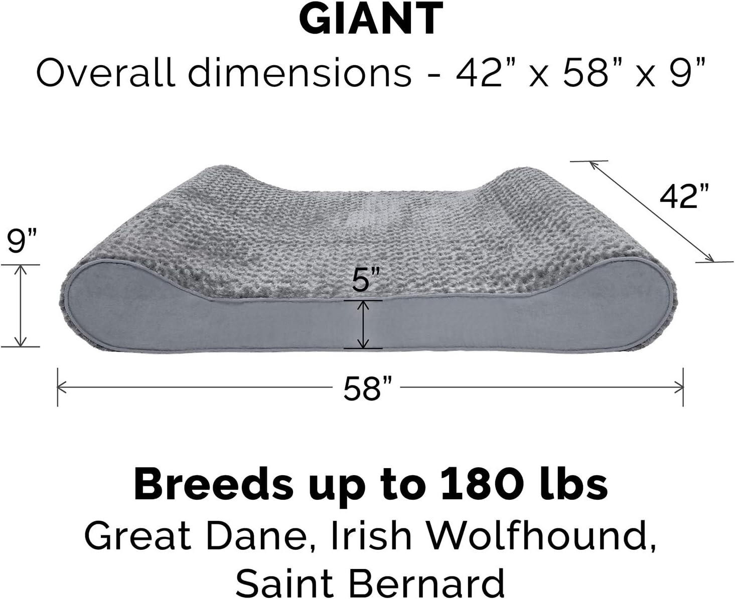 Furhaven Orthopedic Dog Bed for Extra Large Dogs w/ Removable Washable Cover, For Dogs Up to 180 lbs - Ultra Plush Faux Fur & Suede Luxe Lounger Contour Mattress - Gray, Giant/XXXL