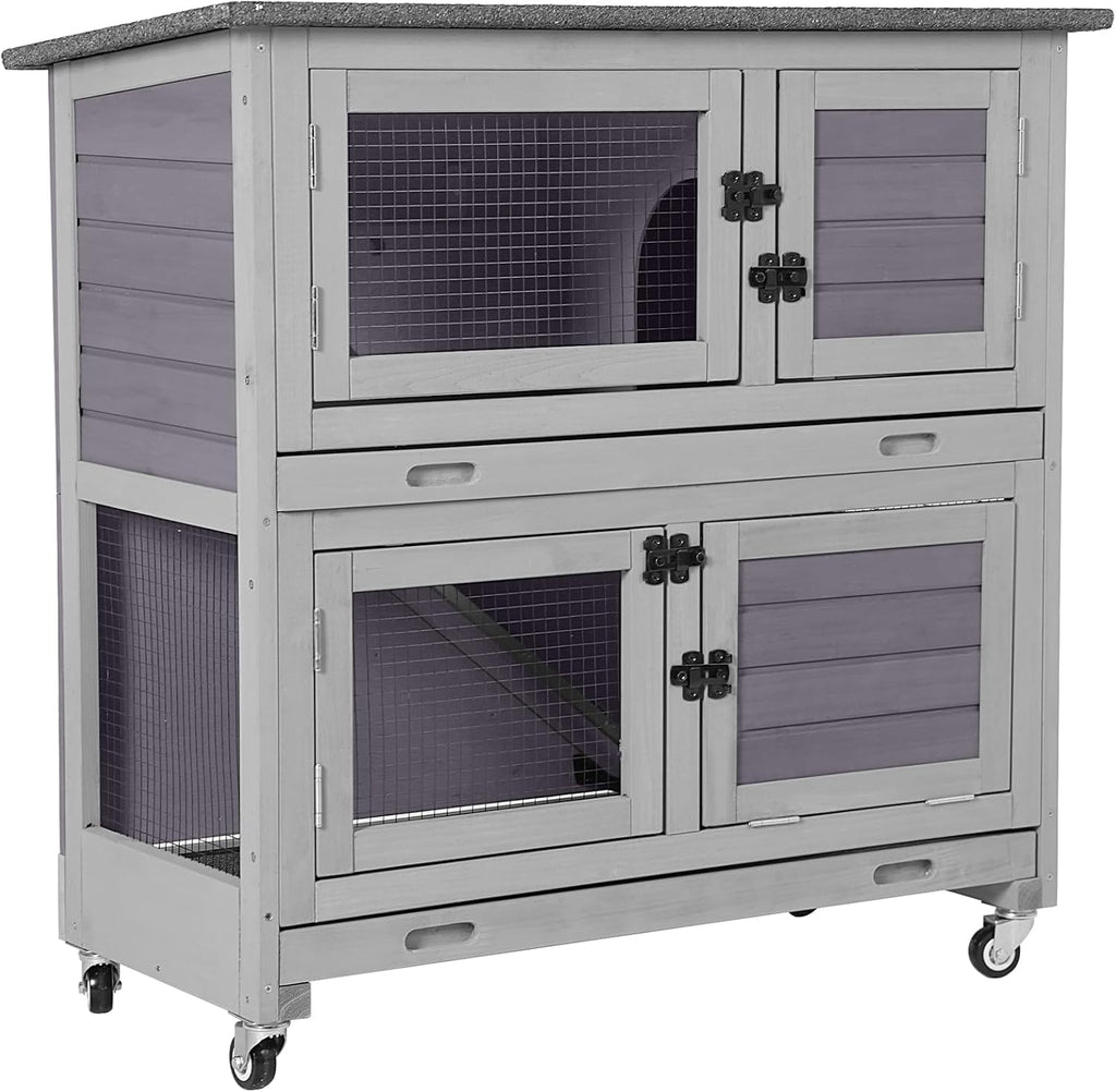 Aivituvin 2-Tier Rabbit Hutch with Tarp Door and Wheels Bunny Cage Indoor Outdoor Guinea Pig Cage Expandable with Pet Playpen 36" L, Grey