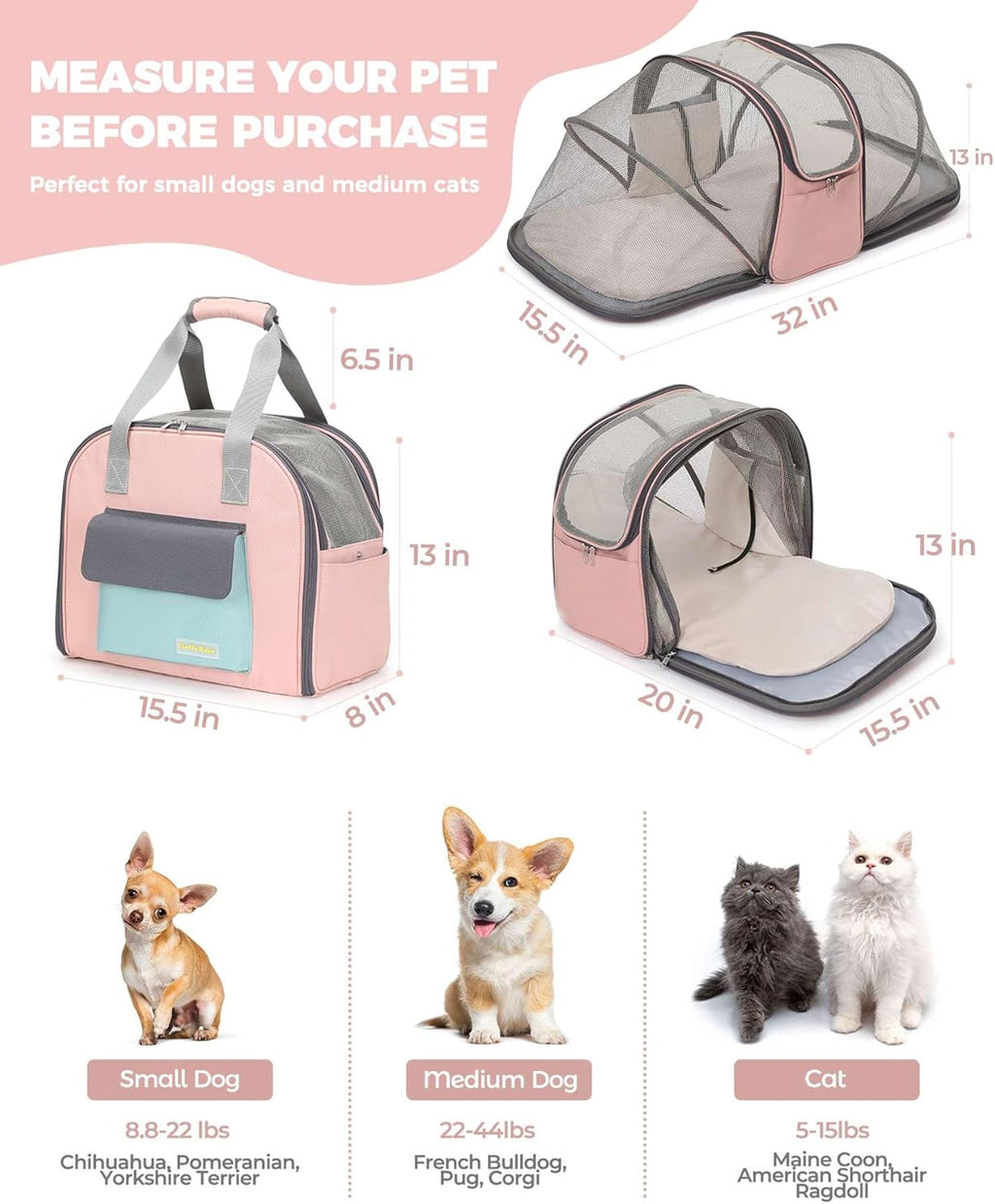 Expandable Pet Carrier Backpack, Cat Carrier Backpacks with Breathable Mesh for Cats Small Dogs Puppies Up to 25 Lbs Airline Approved Waterproof Travel Carrier with Safety Buckle for Hiking & Flights