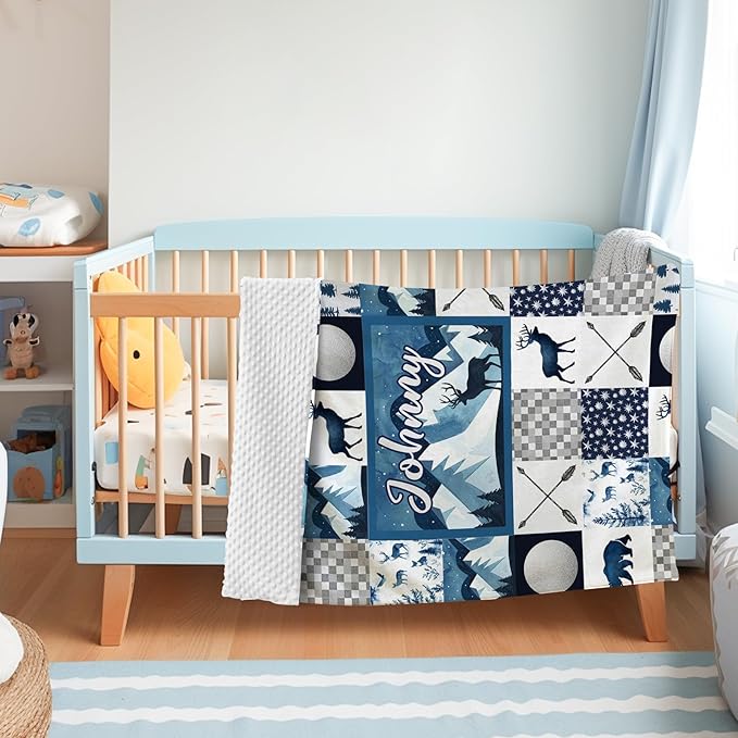 Personalized Baby Blankets for Girls Boys, Custom Blue Deer Baby Blanket with Name for Kids, Flannel Bed Throw Blanket for Newborn, Customized Gifts for Baby Shower Nursery Blanket(30”x40)