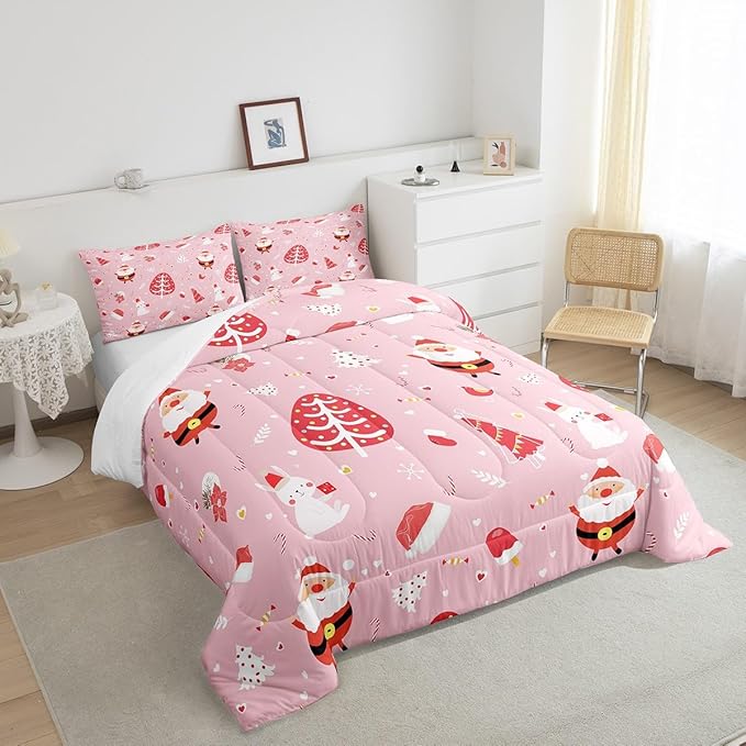 Feelyou Santa Claus Bedding Set Cute Rabbit Kawaii Pink Comforter for Kids Boys Girls Decor Merry Christmas Comforter Set Girly Pink Quilt Set Bedroom Collection 3Pcs King Size