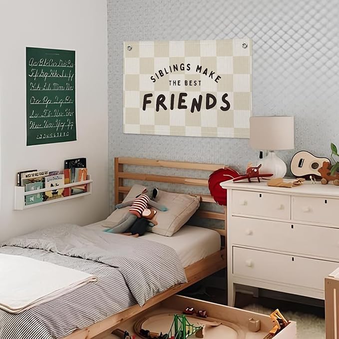 Playroom Nursery Decor, Siblings Make The Best Friends Banner, Linen Canvas Banner Wall Hanging Flag Decor for Toddler Kids Boys Girls Room 20x30
