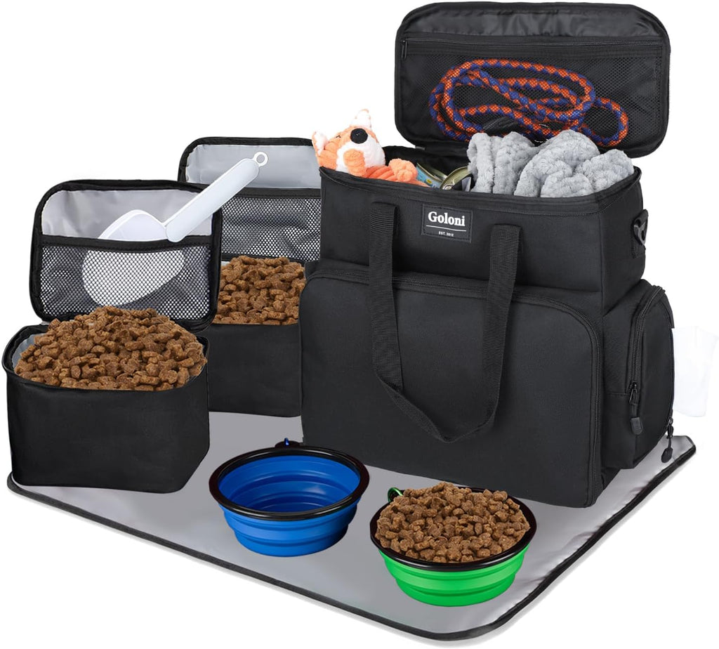Dog Travel Bag Airline Approved–Pet Travel Tote with Collapsible Bowls,Food Containers & Feeding Mat–Multi-Pocket Organizer for Dogs & Cats, Durable & Water-Resistant for Hiking,Trips,Outdoors