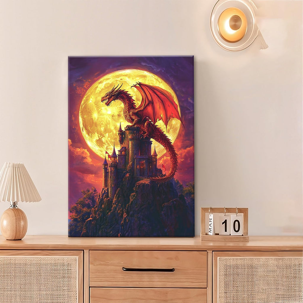 Dragon Bathroom Pictures Wall Art, Red Dragon Castle Bathroom Wall Decor, Framed Painting Canvas Artwork for Bedroom Living Room Decorations 24"L x 16"W