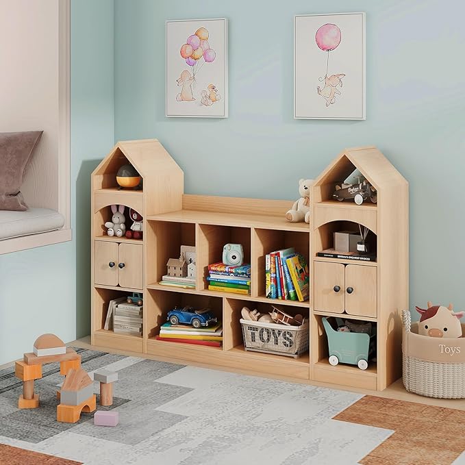 Vabches Kids Bookcase and Toy Storage Organizer, Children Bookshelf, Castle Shape, Playroom Furniture Multipurpose Shelf for Toddlers to Organize Toys and Books Magic Castle, Oak