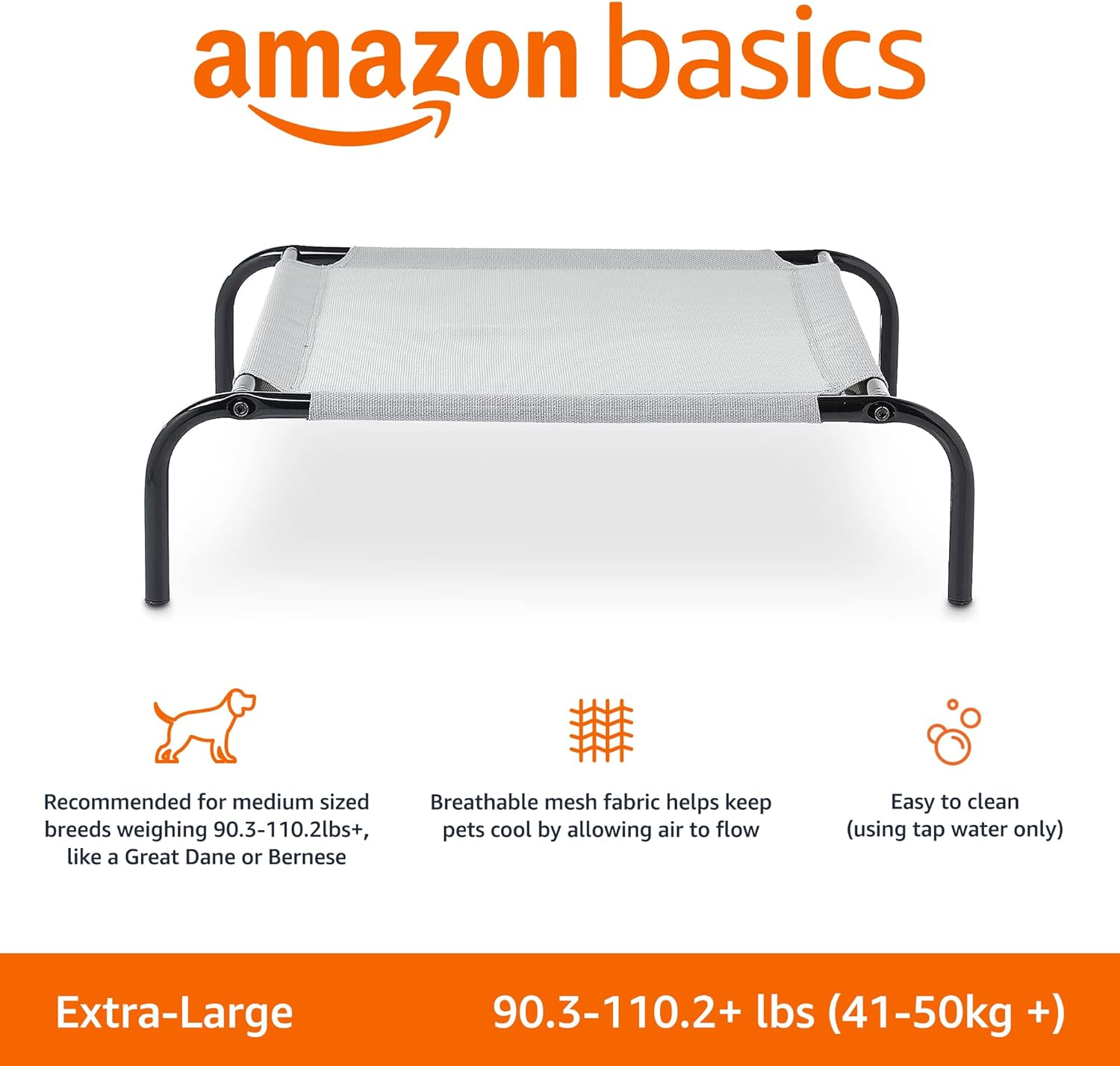 Amazon Basics Cooling Elevated Breathable Pet Bed For Dog, X-Large (60.1 x 37.1 x 8.9 Inches), 1 count, Grey