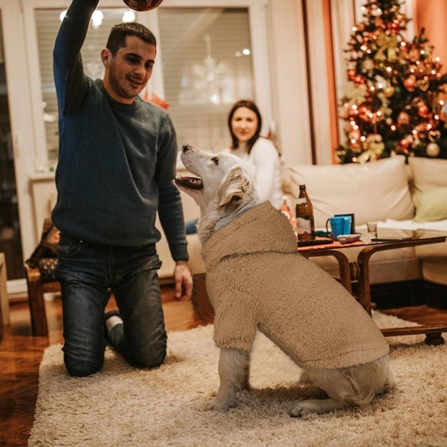 Fuzzy Dog Sweaters for Large Dogs Pet Hoodie Clothes Warm Soft Pet Coats Hooded Sweatshirt Dog Hoodie for Large Dogs(Coffee-L)