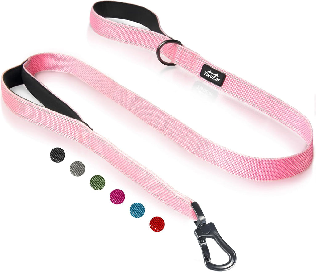 TwoEar 4FT 1IN Strong Pink Dog Leash with 2 Padded Handles, Traffic Handle Extra Control, Comfortable Soft Dual Handle, Auto Lock Hook, Reflective Walking Lead for Small Medium and Large Dogs