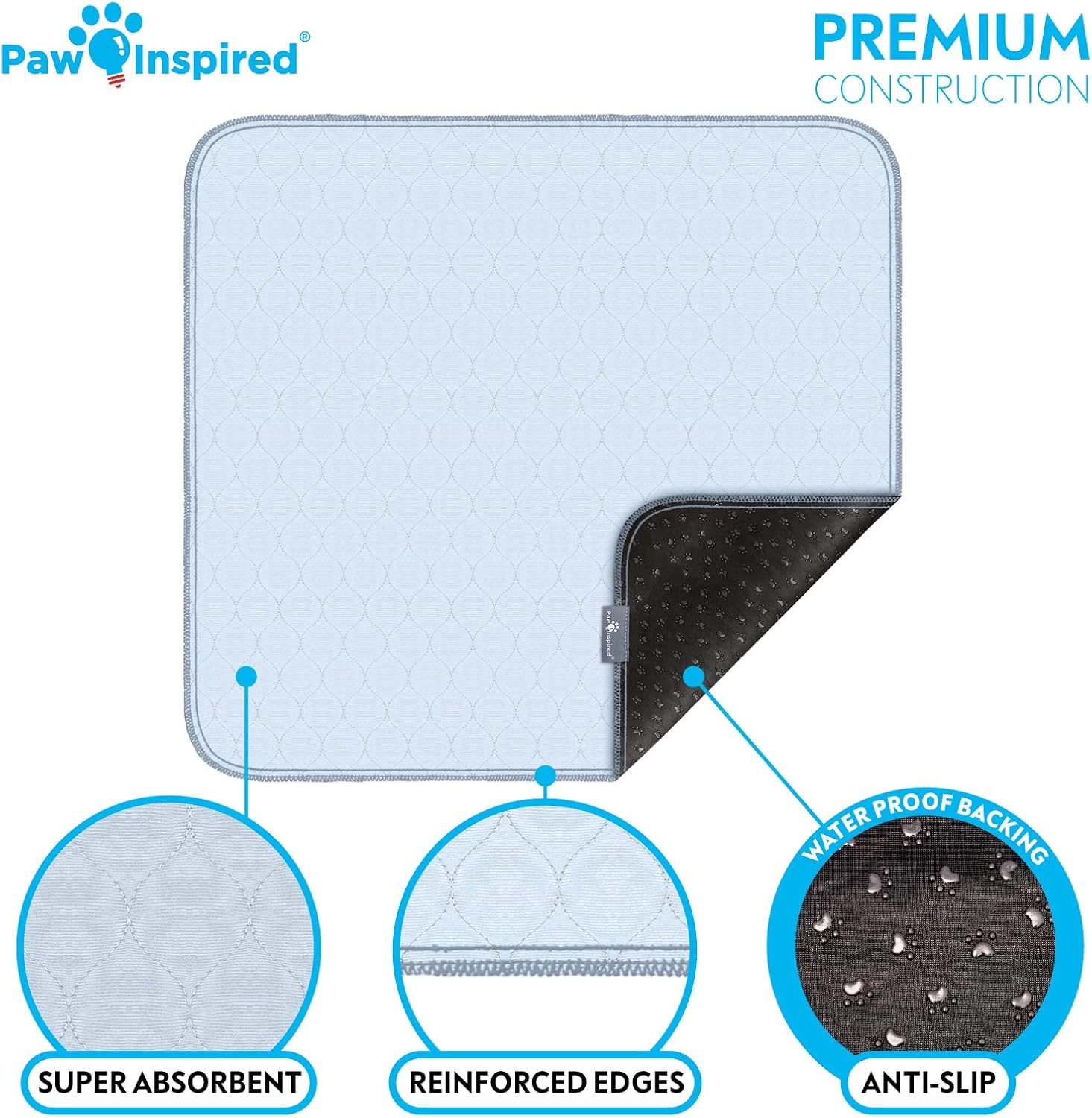 Paw Inspired Washable Pee Pads for Dogs (2 Pack), Leakproof, Non-Slip Reusable Puppy Pads for Potty Training, Whelping, Waterproof Mat (34x36 Inch, Pack of 2)
