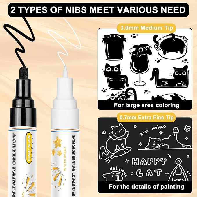 Acrylic Paint Marker Pens - 4 Pack Dual Tip Permanent Markers (0.7mm & 3mm) Water-Based Ink Pens for Rock Painting, Canvas, Ceramic, Glass, Wood, Plastic, DIY Crafts (2 Black/ 2 White)