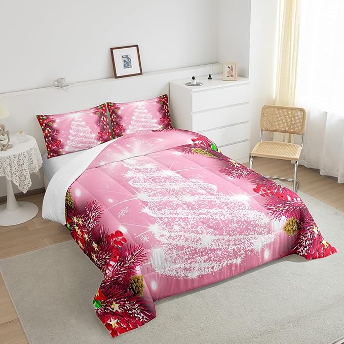 Feelyou Kids Merry Christmas Decorations Comforter Set, Kids Santa Tree Bedding Set Queen Size for Boys Girls Teens Xmas Christmas Bell Decor Comforter Glitter Pink Quilt Set