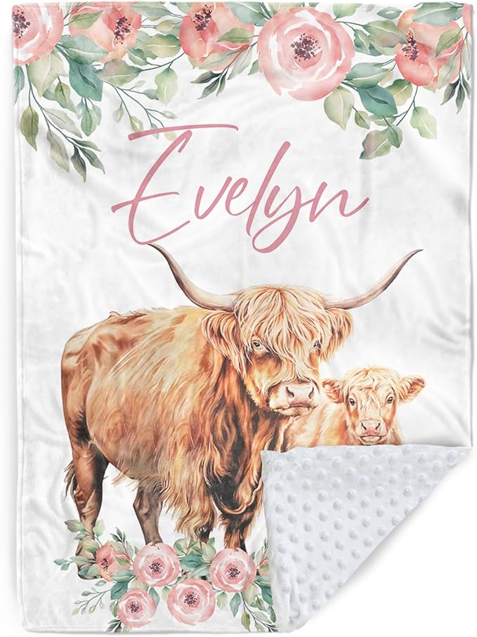 Personalized Baby Blanket for Boys, Custom Name Blanket for Girl Newborn Mom, Soft Flannel with Double Layer Dotted Backing, Gifts for Baby Shower Christmas Birthday, Highland Cow(60" x80)