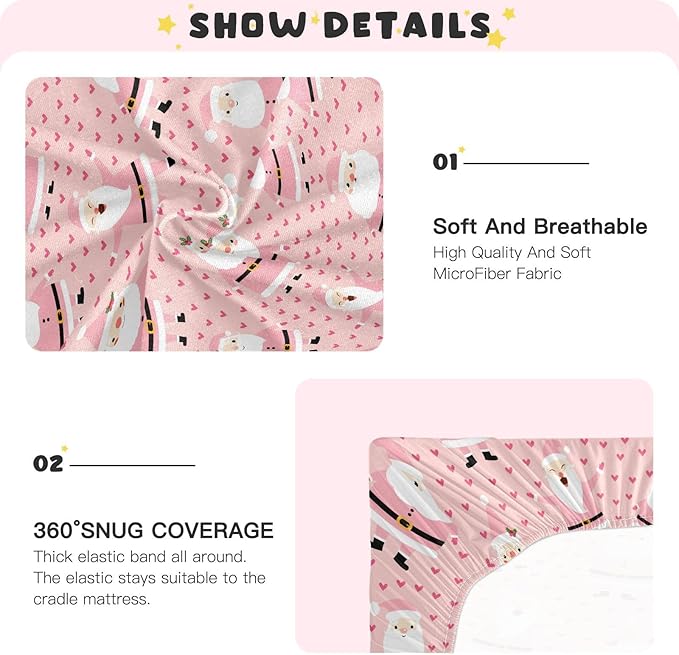 Christmas Pink Santa Crib Sheets Soft Breathable Fitted Baby Crib Sheets Mattress Cover for Girl Boys, 52" x 28" x 9"