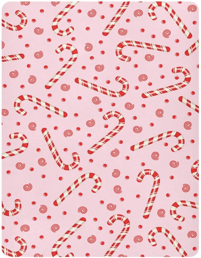 Candy Cane Christmas Pink Crib Sheets Soft Breathable Fitted Baby Playard Sheets Mattress Cover for Girl Boys, 39" x 27" x 5"