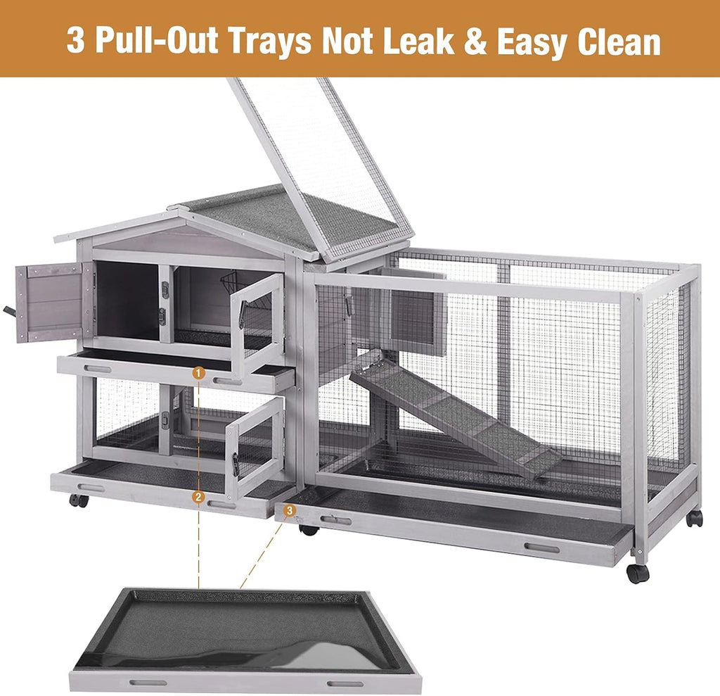Bunny Cage Indoor and Outdoor Rabbit Hutch with Casters Waterproof Roof, Pull Out Tray from Back and Front 61.2" L x 22.6" W x 33.5" H
