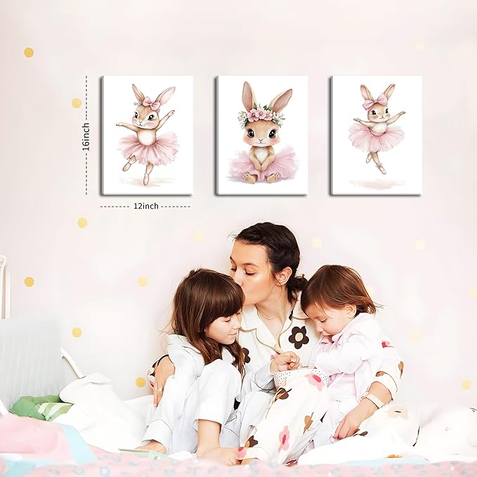 Baby Girl Nursery Wall Decor, Easter Nursery Canvas Wall Art Paintings Set of 3, Cute Animal Pink Bunny Posters Prints Pictures for Boys and Girls Room, Bedroom, Home Decor 12x16 In Framed