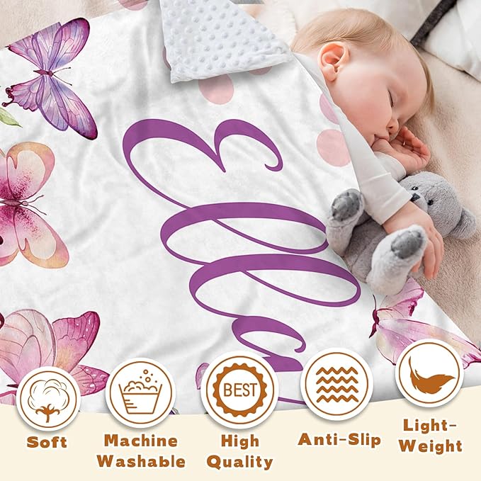 Personalized Baby Blanket for Girls, Custom Name Blanket for Newborn New Mom, Soft Flannel with Double Layer Dotted Backing, Ideal Gifts for Baby Shower Christmas Birthday, Butterfly(47" x60)