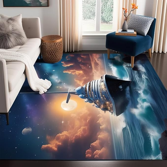 6' x 9' Nautical Ship Rug for Kids Room Galaxy Ferry Boat Rugs for Boys Bedroom Ocean Cloud Carpet Sun Planet Printed Throw Rugs for Teens Living Room,180x275cm