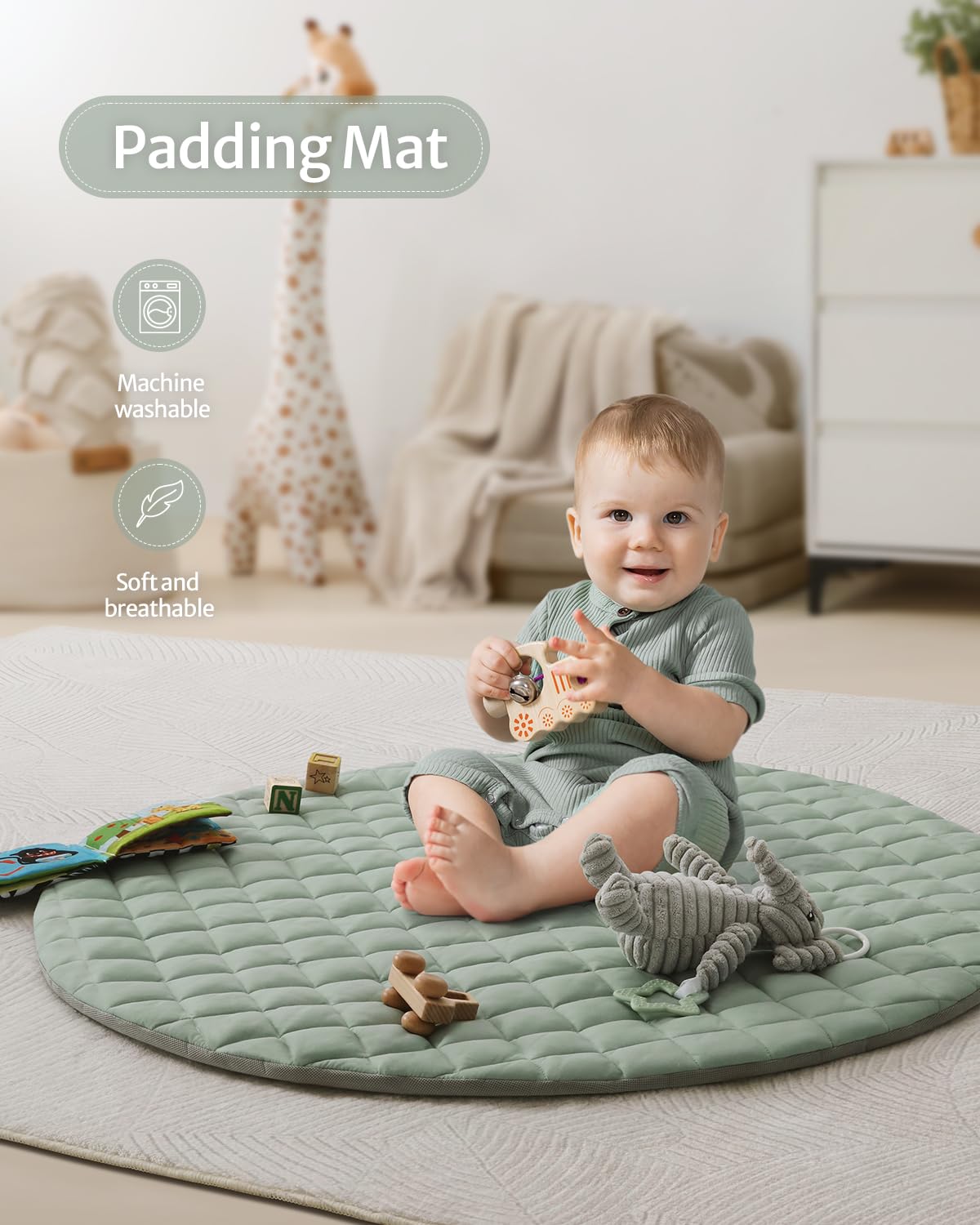 Blissful Diary Baby Play Gym Mat, Tummy Time Mat with 6 Detachable Toys for Stage-Based Sensory & Motor Skill Development, Baby Activity Mat Easy to Install & Clean, Baby Essentials Gift, Sage Green