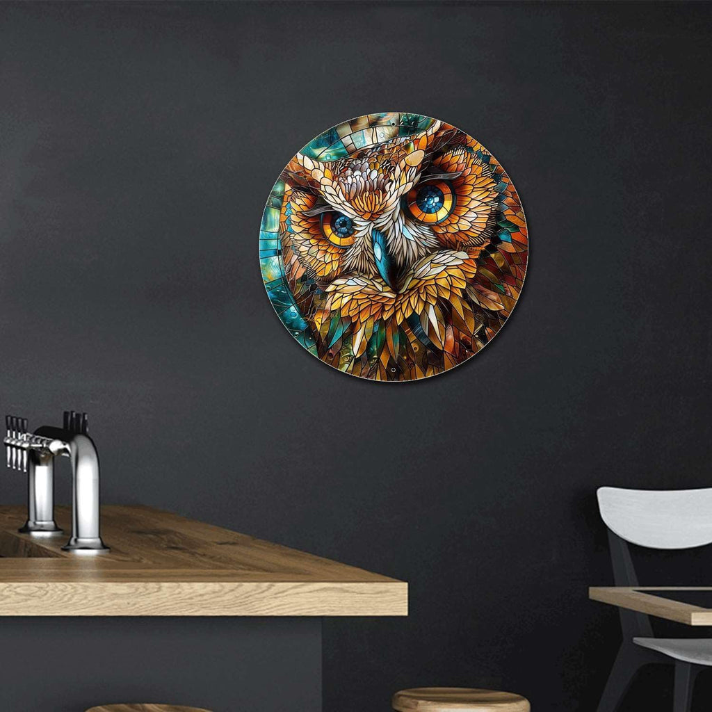 Lygond Metal Sign Tin Sign Circular Stained Glass Owl Bathroom Signs Decor For Home Decor 8×8 Inches