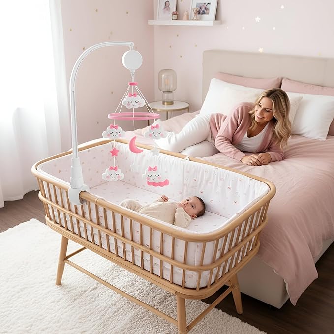Baby Crib Mobile for Girls with Arm & Music Box | Pink Felt Clouds & Stars Design | Sensory & Soothing Nursery Decor for Baby Girls. Fits Most Cribs.