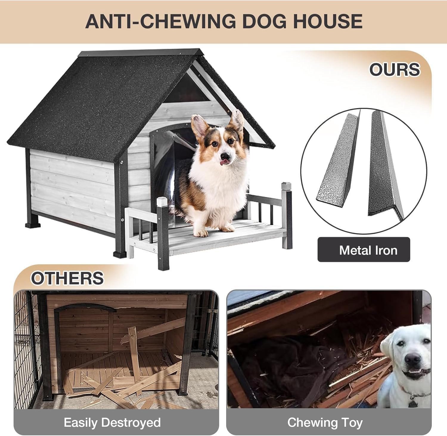 Metal Frame Dog House with Insulated Liner for Indoor & Outdoor Use - Large Dog Kennel with Weatherproof Roof & Foot Pads for Small, Medium & Large Dogs(White)