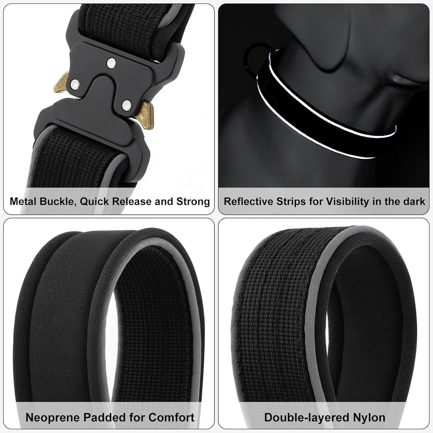 Plutus Pet Tactical Dog Collar, Reflective, Adjustable Heavy Duty Dog Collar, Soft Padded and Comfortable, for Small Medium and Large Dogs (Black, M)