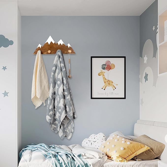 Mountain Wall Hooks - Woodland Nursery Decor - Wall Mount Organizer for Kids Coats & Towels - Ideal Adventure Mountain Decor Baby Shower Gifts - Walnut Finish