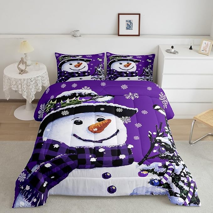 Feelyou Kids Christmas Theme Decorations Bedding Set Xmas Snowman Comforter Set for Boys Girls Snowflake Kawaii Cute Purple Bedroom Collection Full Size