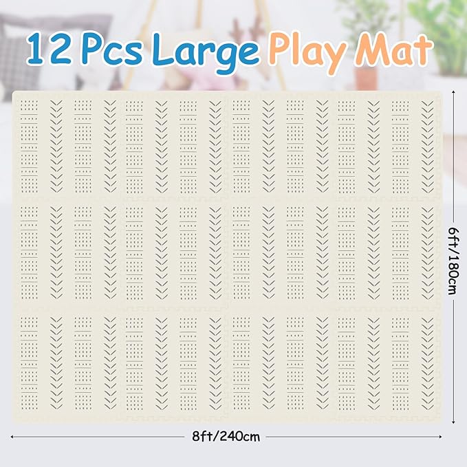 Tinideya 12 Tiles Baby Play Mats 6ft x 8ft Cream Color Puzzle Floor Mat Toddlers Waterproof Crawling Mat for Tummy Time, Crawling & Playroom