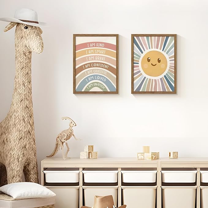 Dytila 2 Piece Framed Boho Rainbow Kids Room Wall Art, Positive Affirmations Playroom Wall Decor, Sun Smiley Face Nursery Painting Canvas Prints for Classroom Toddler Room Decor 16x24 Inch