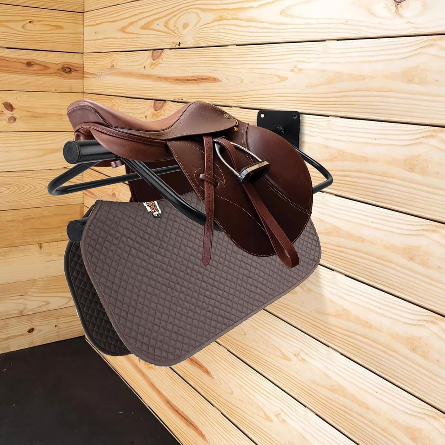 2 Pack Saddle Rack with Pad Bar,Heavy Duty Wall Mounted Saddle Stand Saddle Pad Rack for English Western Saddles Horses Blanket,Black