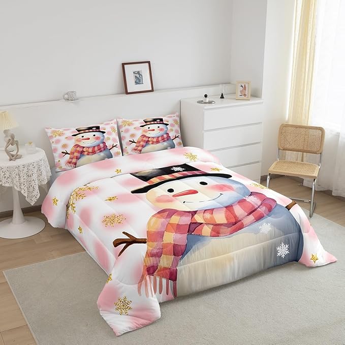 Feelyou Kids Merry Christmas Decorations King Size Comforter Set Xmas Snowman Bedding Set Pink Quilt Set Soft Warm Lightweight Duvet Set