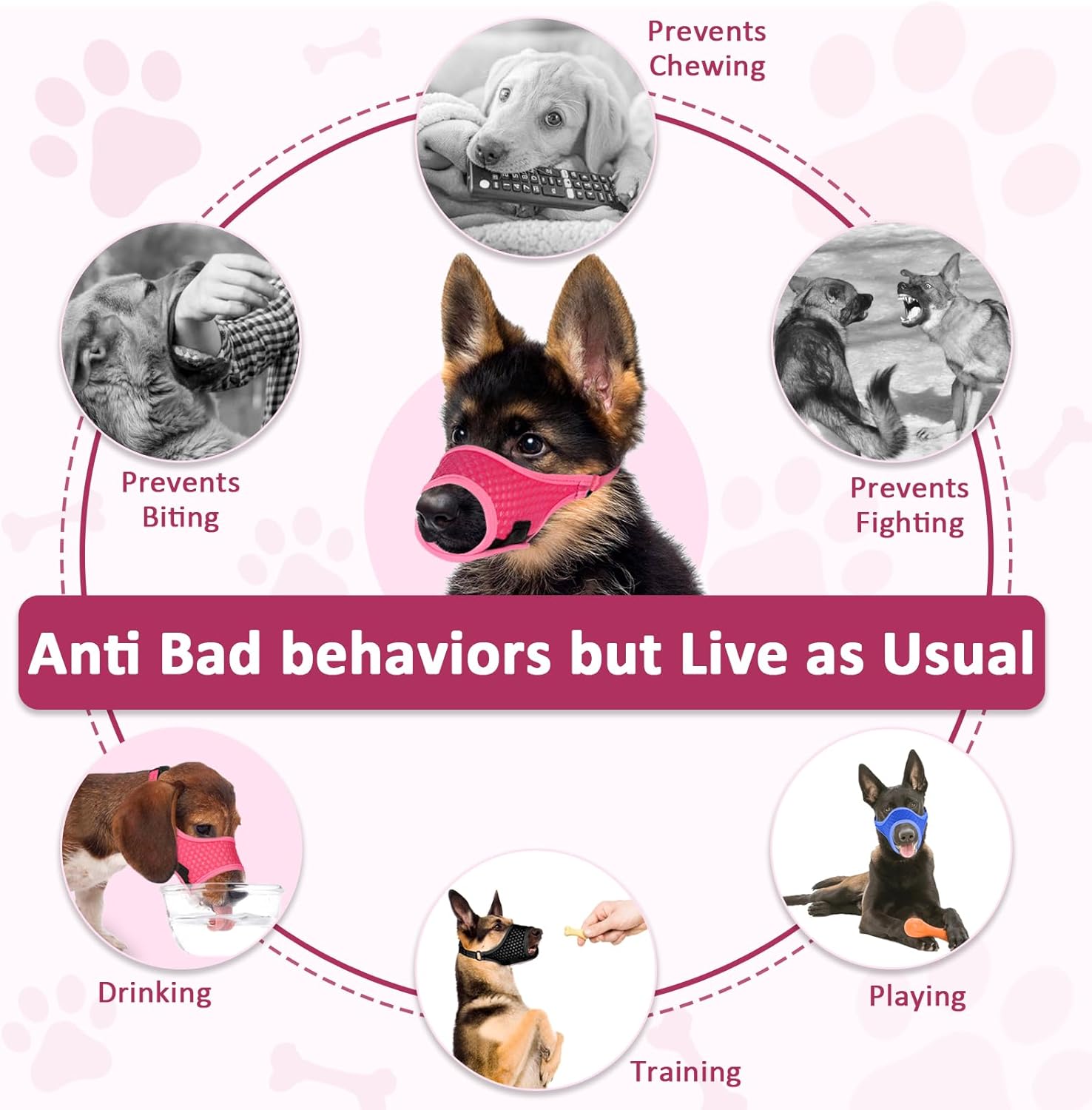 LUCKYPAW Dog Muzzle, Soft Muzzles for Large Medium Small Dogs to Prevent Biting Chewing with Ring and Adjustable Strap for Vet Visit Training (Hot Pink, M)
