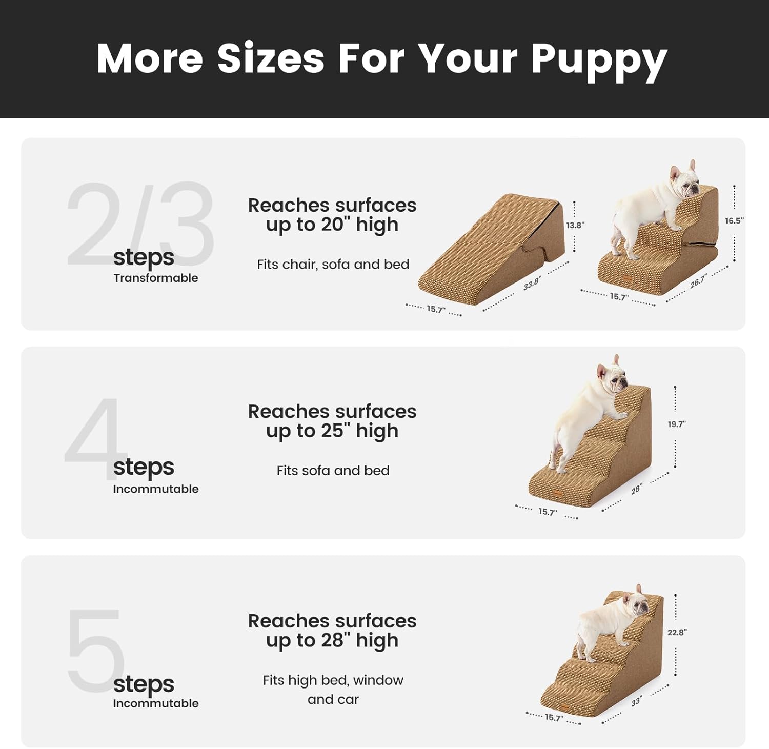 Gardner Pet Dog Stairs for Small Dogs 16.5" H, 2 in 1 Transformable 3-Step Pet Stairs and Dog Ramp for Couch (13-20 in), Brown Adjustable Pet Steps with Non-Slip Waterproof Cover and CertiPUR-US Foam