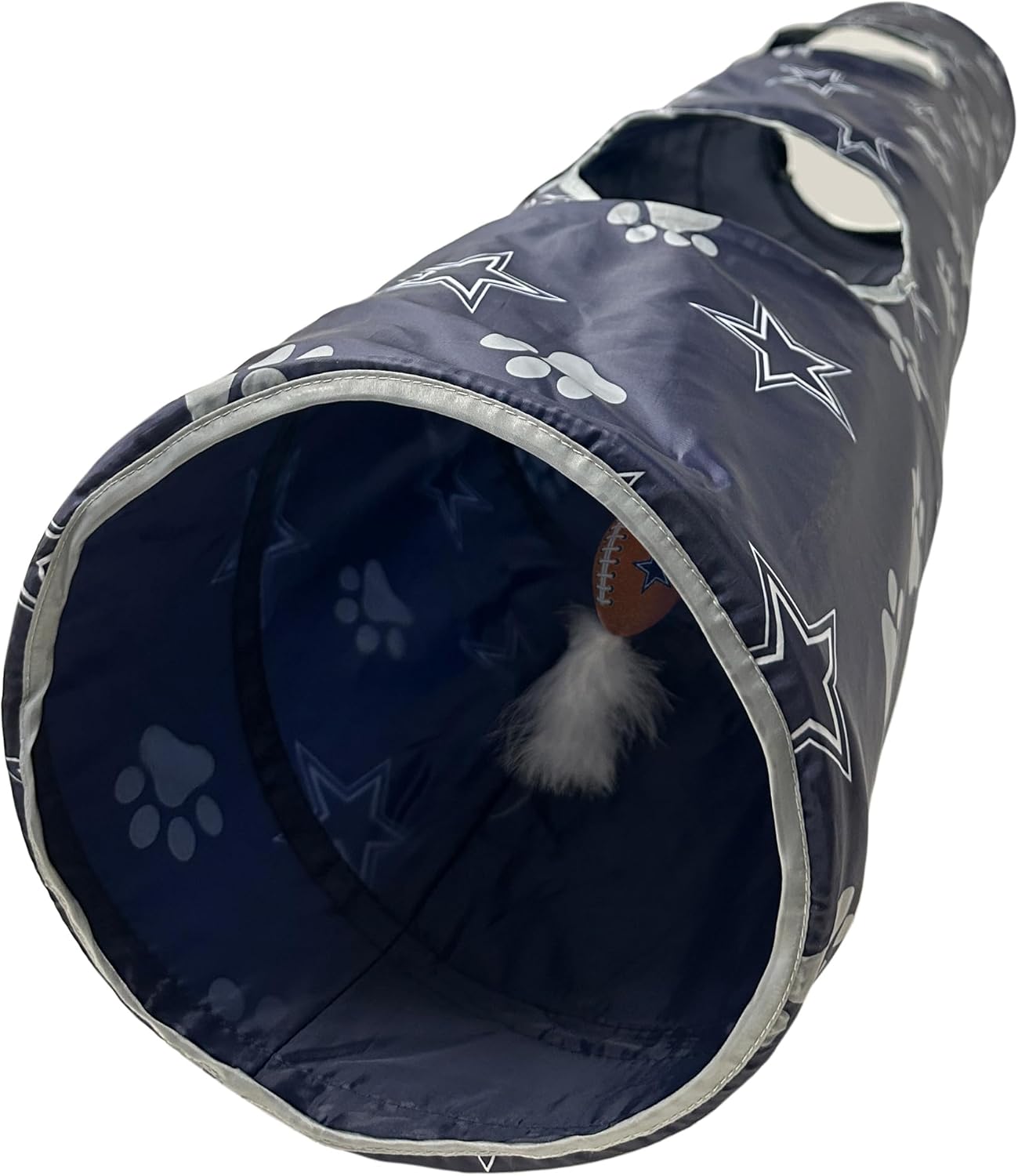 NFL Dallas Cowboys Cat Tunnel Tube Toy with Plush Football Catnip and Feathers Collapsible Tunnel for Cats to Play, Peek and Hide, Sporty & Fun Cat Tunnel Toy with Team Logo All-Over Design!