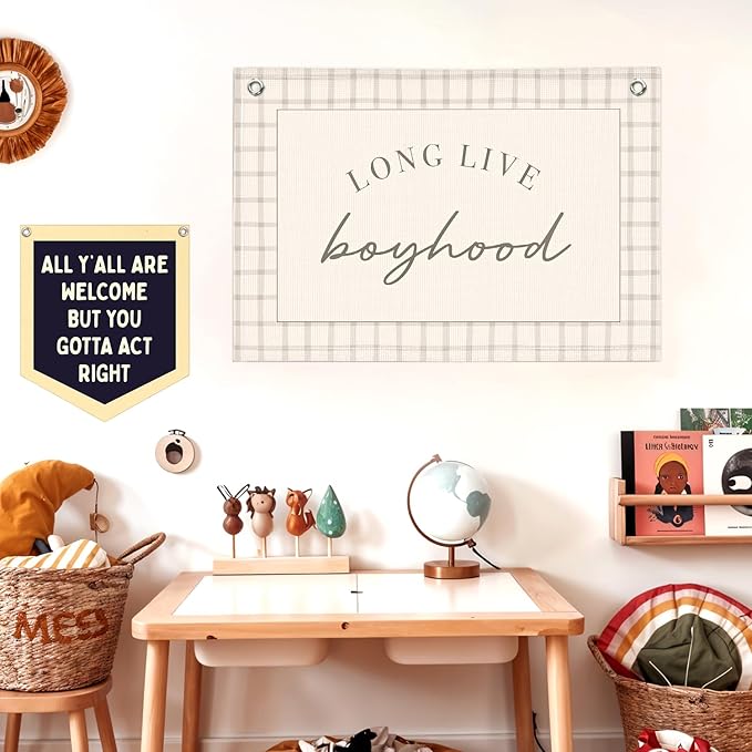 Lacama Long Live Boyhood Banner, Boy Nursery Decor, Canvas Banner Wall Hanging Banner Flag Decor for Nursery Playroom Toddler Room, Boys Kids Room Decor 30x20 Inch
