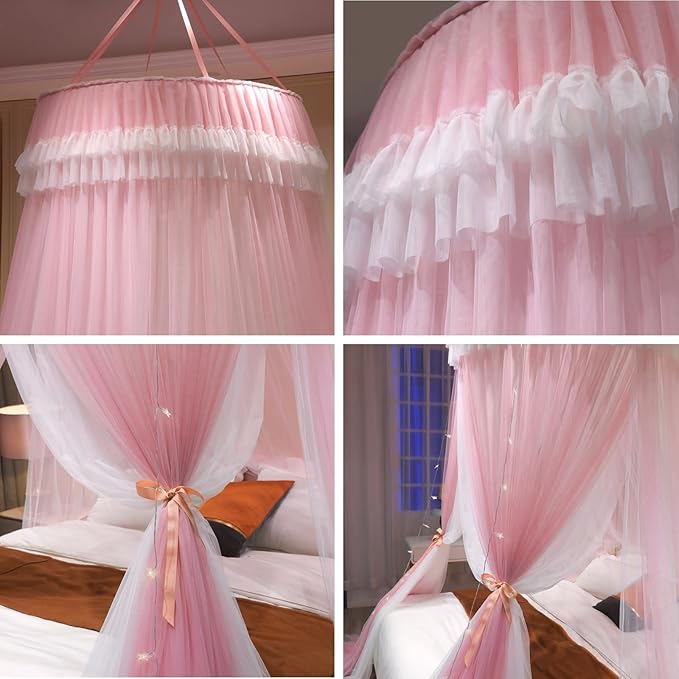 AIKASY Girls and Adults Canopy Bed, Elegant Double-Layer Bed Curtain, Children's Dream Round Lace Mosquito Net, Princess Canopy Net - Fits Twin, Full, Queen, and King Beds (White/Pink)