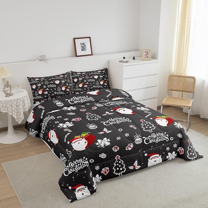 Feelyou Christmas Comforter 3 Pieces Santa Claus Comforter Set White Snowflake Christmas Printed Xmas Festival Bedding Set with 2 Pillowcases (Queen, Grey Black) Boys