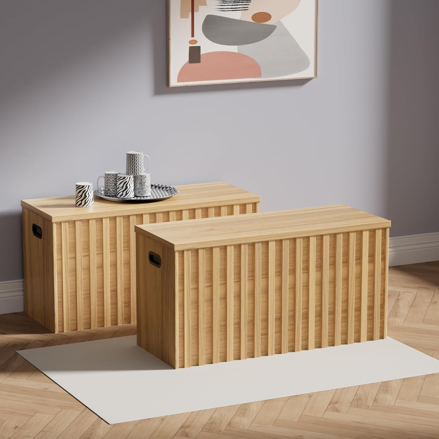 UEV Storage Bench Set of 2, 39.4" Wood Box, Storage Trunk with 2 Safety Hinges, Ottoman Storage Chest Set of 2, Fluted Storage Bench for Bedroom, Shoe Bench for Bedroom, Living Room (Natural Wood)