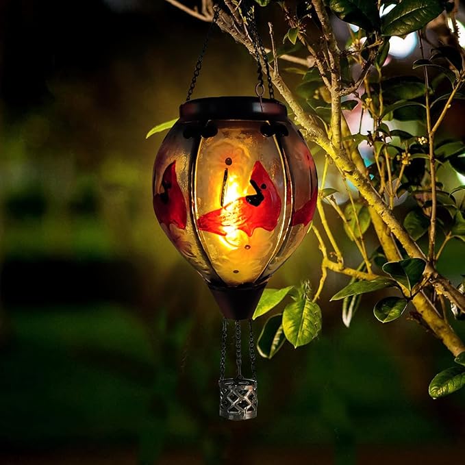 Glass Solar Hot Air Balloon Lantern with Flame Hanging Garden Flickering Light Outdoor Waterproof for Yard Patio Tree Mother's Day Gift, Cardinal