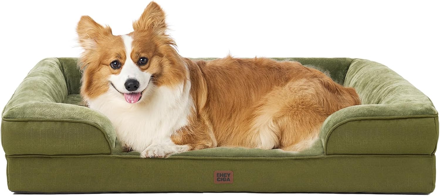 EHEYCIGA Orthopedic Dog Beds for Large Dogs, Waterproof Memory Foam Large Pet Bed with Sides, Non-Slip Bottom and Egg-Crate Foam Dog Couch Bed with Washable Removable Cover, Olive Green