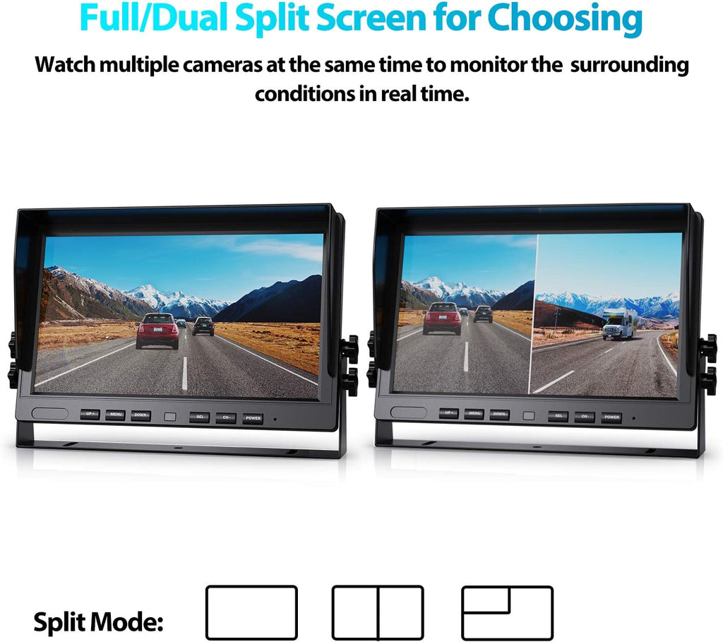 Fookoo Ⅱ 10" 1080P Wired Backup Camera System,10-inch HD Dual Split Screen Monitor with Recording IP69 Waterproof Rear View Camera Parking Lines Supports Up to 2 Cameras for Truck/Trailer/RV(DY101)