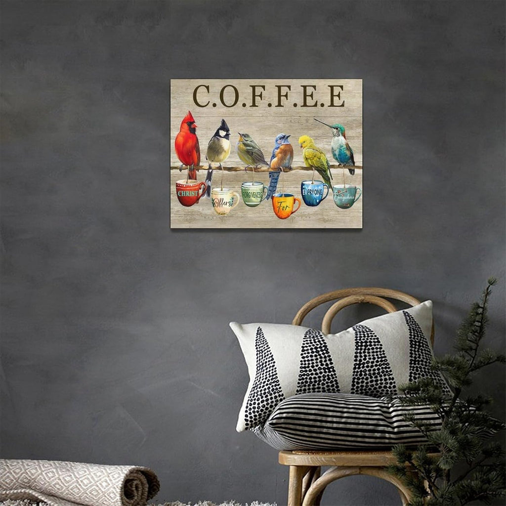 Rustic Bird Coffee Wall Art Kitchen Christ Coffee Pictures Wall Decor Farmhouse Cardinal Hummingbird Canvas Print Painting Artwork for Coffee Bar Living Room Bedroom 12"x16"
