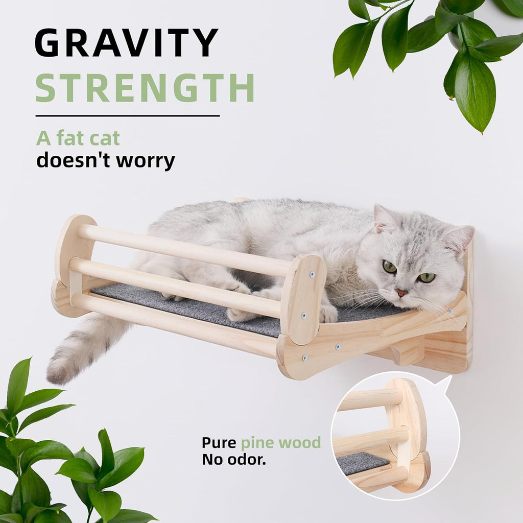 Pine Cat Wall Shelves with Scratch Mat, Wall-Mounted Cat Shelves, Space-Saving Shelf for Cats