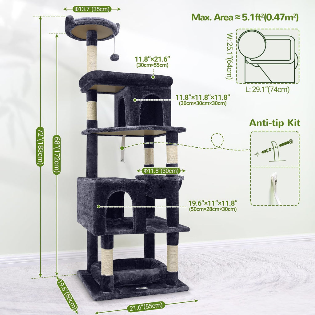 Globlazer Heavy Duty Cat Trees for Large Cats, Sturdy 72in Maine Coon Cat Tree for Large Cats 20 lbs+ Heavy Duty Cat Tower for Adult Biggest Cat with 6 Scratching Posts, Hammock, S72, Dark Gray