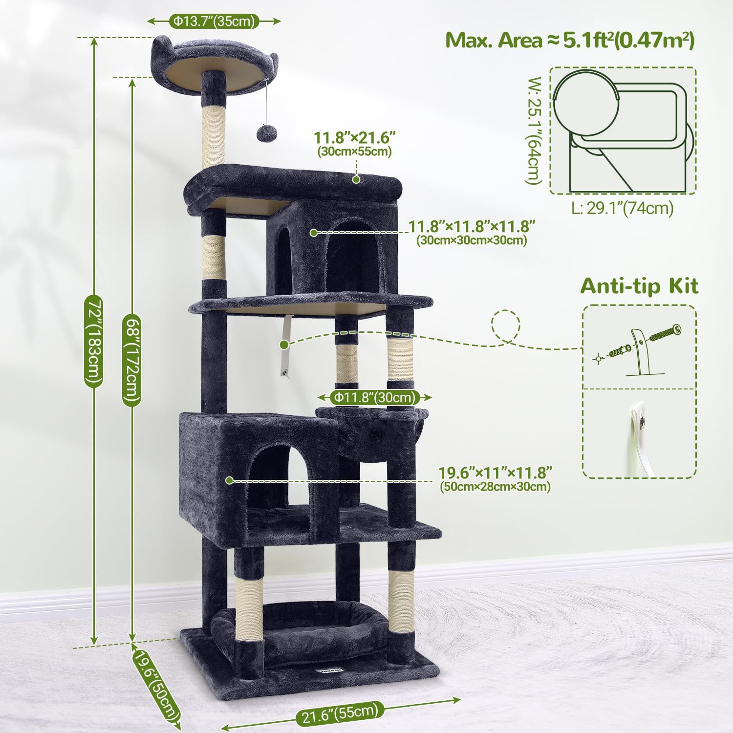 Globlazer Heavy Duty Cat Trees for Large Cats, Sturdy 72in Maine Coon Cat Tree for Large Cats 20 lbs+ Heavy Duty Cat Tower for Adult Biggest Cat with 6 Scratching Posts, Hammock, S72, Dark Gray