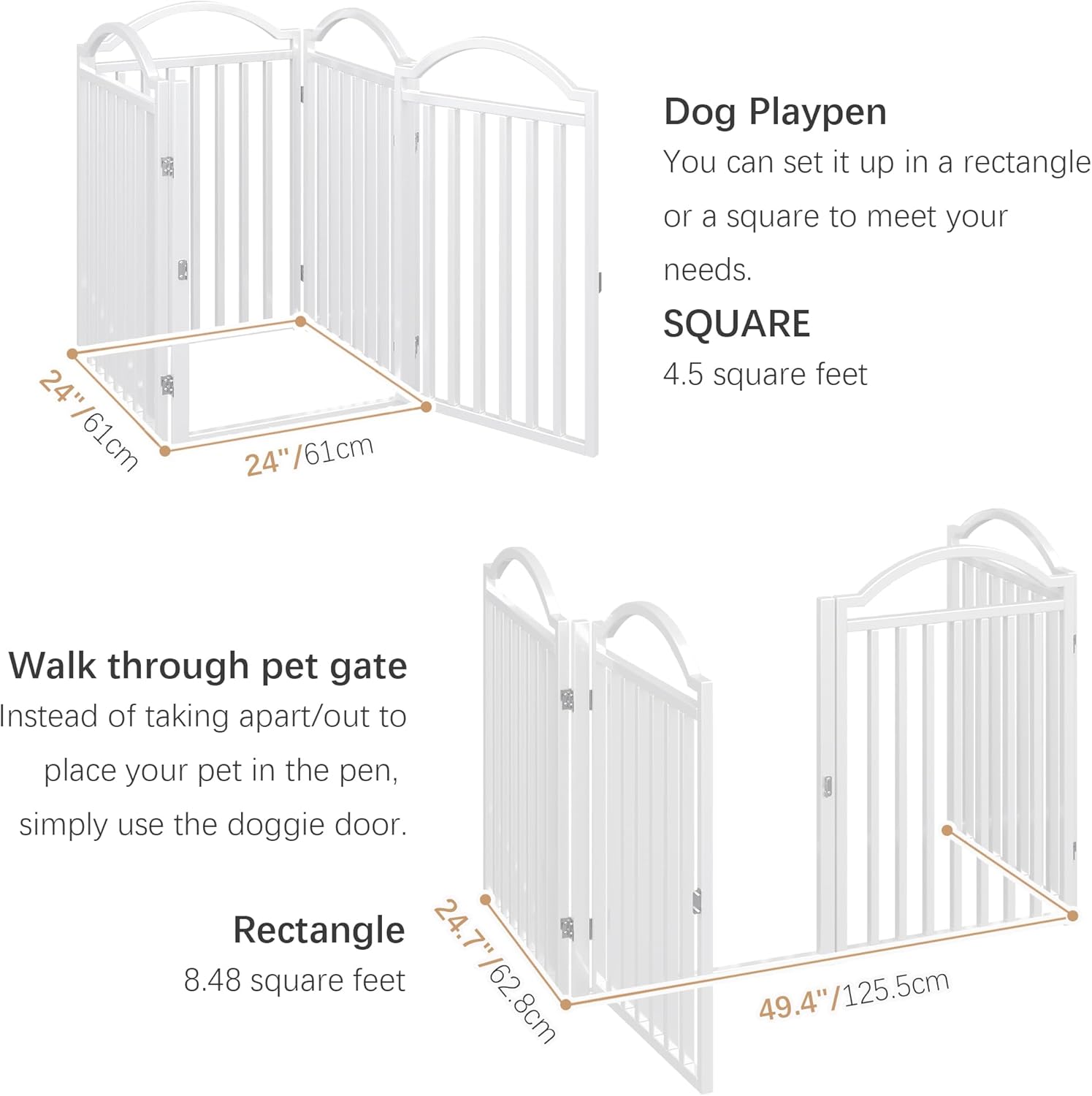BHG Metal No-Assembly Freestanding Dog Gate with Door Walk Through, Extra Wide 96", Extra Tall 32" Pet Gate, Accordion Puppy Folding Playpen Dog Fence for Indoor & Outdoor, with 2PCS Support - White